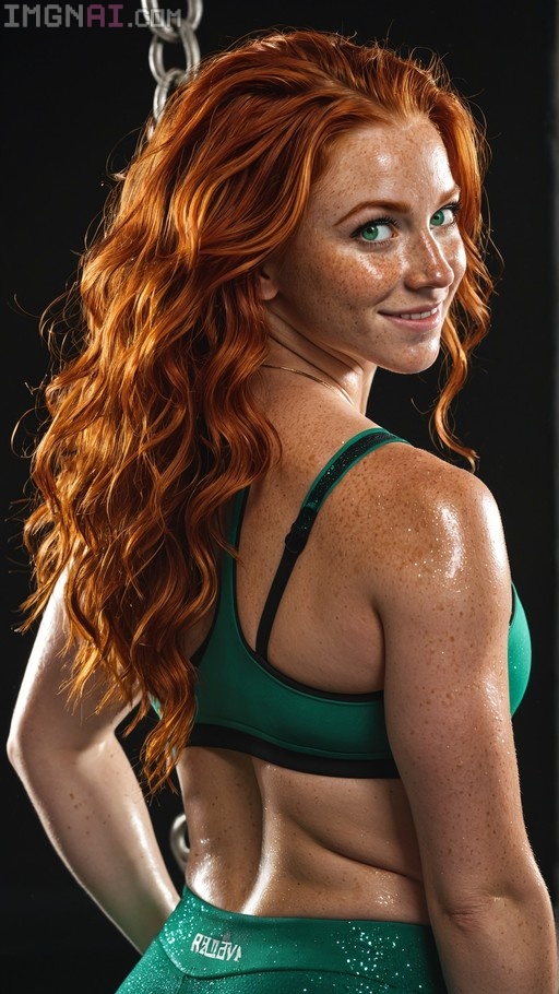A freckled woman with long red hair and green eyes looks back over her shoulder wearing a teal sports bra against a black background.