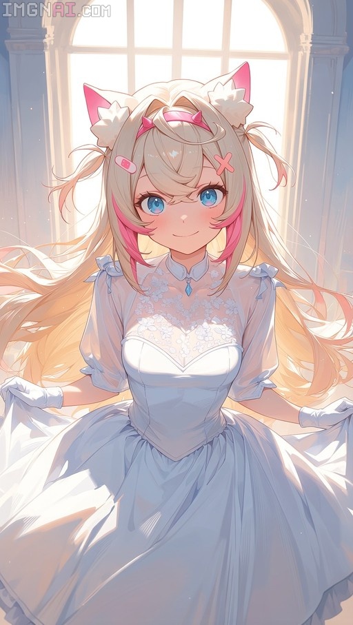 Mococo Abyssgard in a white wedding dress smiling at the viewer, featuring blonde hair with pink streaks and dog ears.