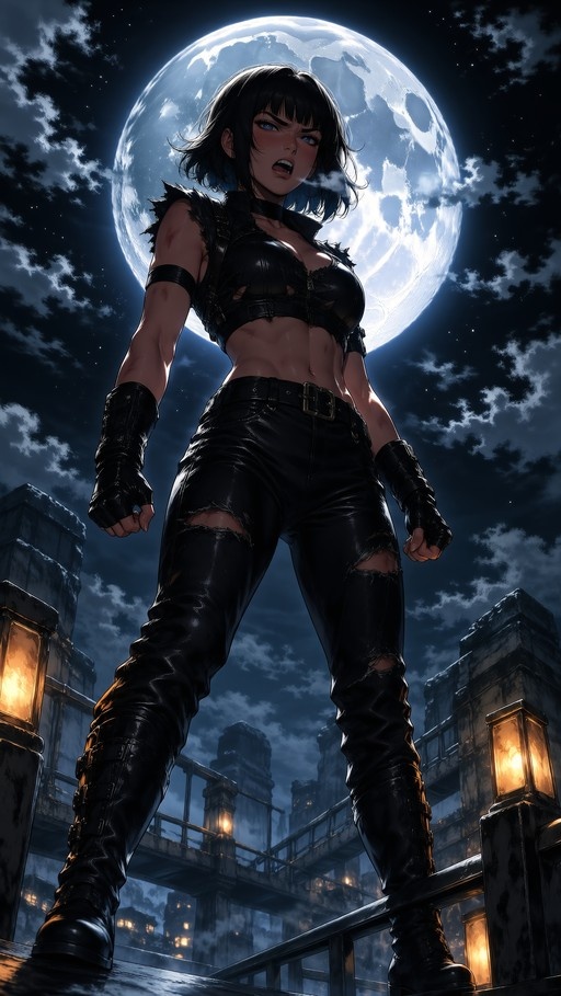 A muscular anime-style woman with short black hair and blue eyes stands in a fighting stance on a bridge at night, wearing torn black leather clothing under a large full moon.