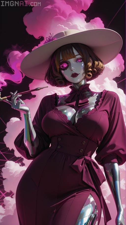 A hyperrealistic portrait of a chrome-skinned android woman wearing a maroon cocktail dress and a large beige cloche hat, holding a smoking pipe that emits pink smoke.