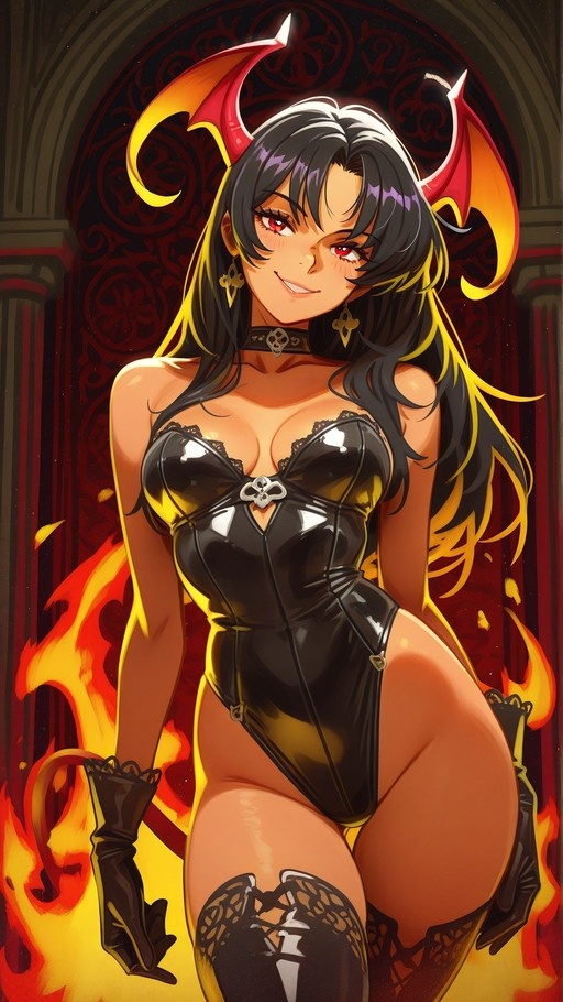 A dark-skinned anime demon girl with long black hair and yellow highlights stands amidst flames wearing a shiny black high-leg leotard and large curved red horns.