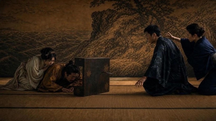 A black-haired man with facial hair wearing a blue kimono and black hakama sits barefoot on a tatami floor indoors, holding a katana near traditional sliding doors in a nihonga art style.