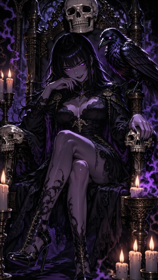 A gothic woman with long black hair and glowing purple eyes sits on an ornate throne topped with a large skull. She wears a black lace dress and holds a human skull in her hand while a black raven perches on the armrest beside her. Lit candles surround the scene, casting a purple glow.