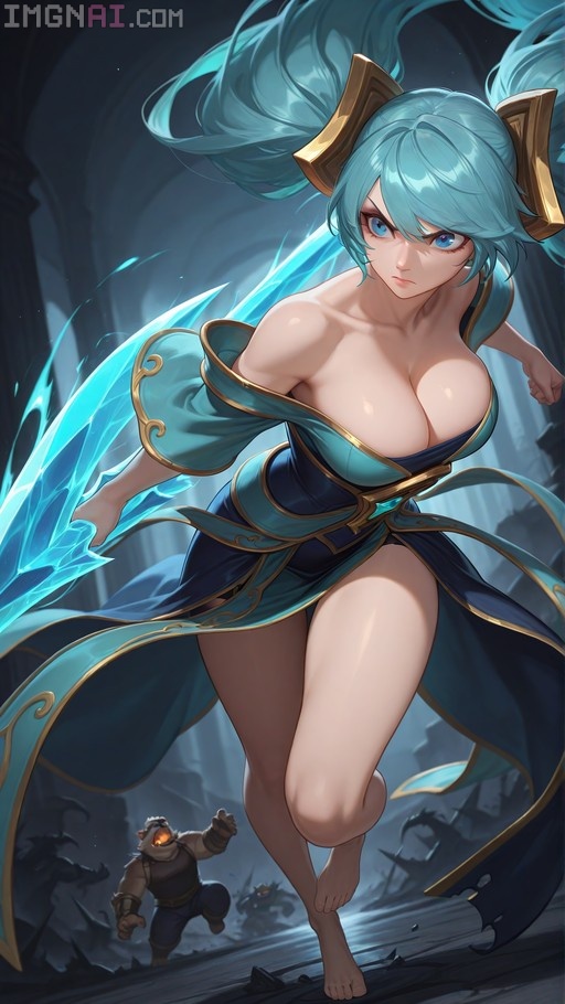 A digital painting of Sona from League of Legends running forward with a serious expression, holding a glowing blue weapon while wearing a blue and gold dress.