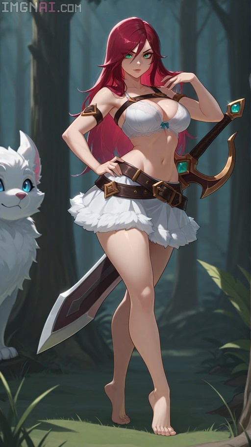 Katarina from League of Legends standing barefoot in a forest wearing a white bra and fluffy skirt with a sword on her back.