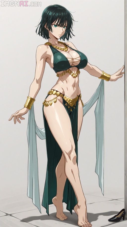 Fubuki from One Punch Man standing barefoot in a green and gold Arabian dancer costume with high-slit skirt.