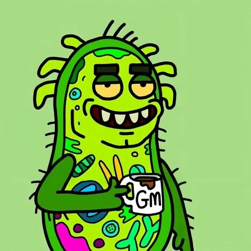A green cartoon bacterium with visible cell parts holds a coffee mug labeled 'GM' while green slime tentacles swirl around it in a room.
