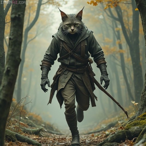 A tall anthropomorphic cat-man with grey fur and green eyes walks through a misty autumn forest wearing tattered medieval clothes.