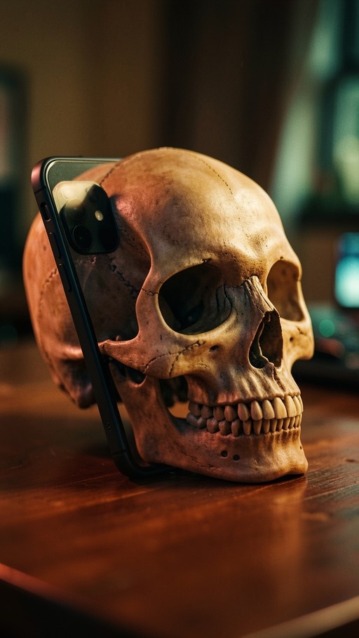 A realistic human skull model resting on a wooden surface with a black smartphone leaning against its side.