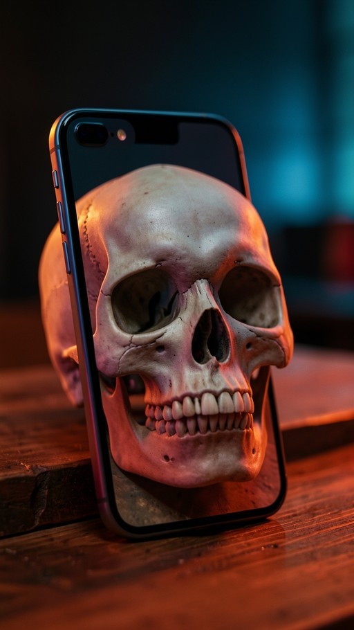 A realistic human skull model positioned behind an upright black smartphone on a wooden surface, illuminated by warm orange and cool blue lighting.