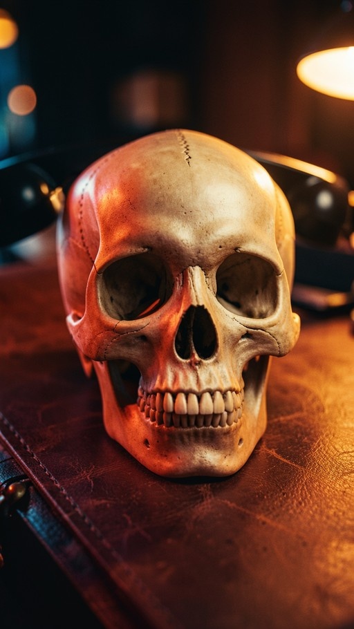A realistic human skull model resting on a textured brown leather surface with warm lighting and a blurred background featuring a desk lamp.