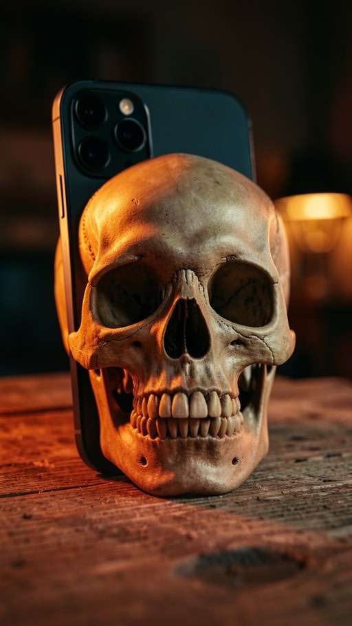 A human skull leaning against a black smartphone on a wooden surface with warm background lighting.