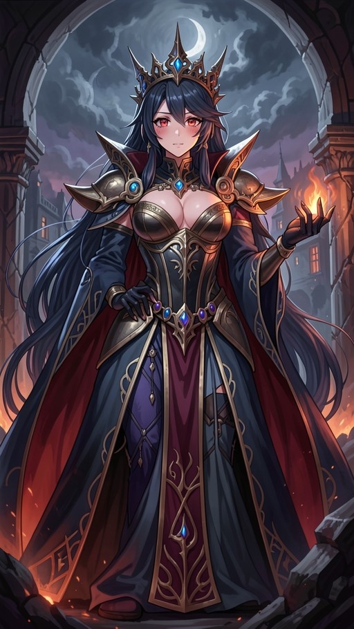 Anime-style fantasy queen with long dark hair and red eyes wearing ornate armor and a crown, standing under an archway at night holding a flame.