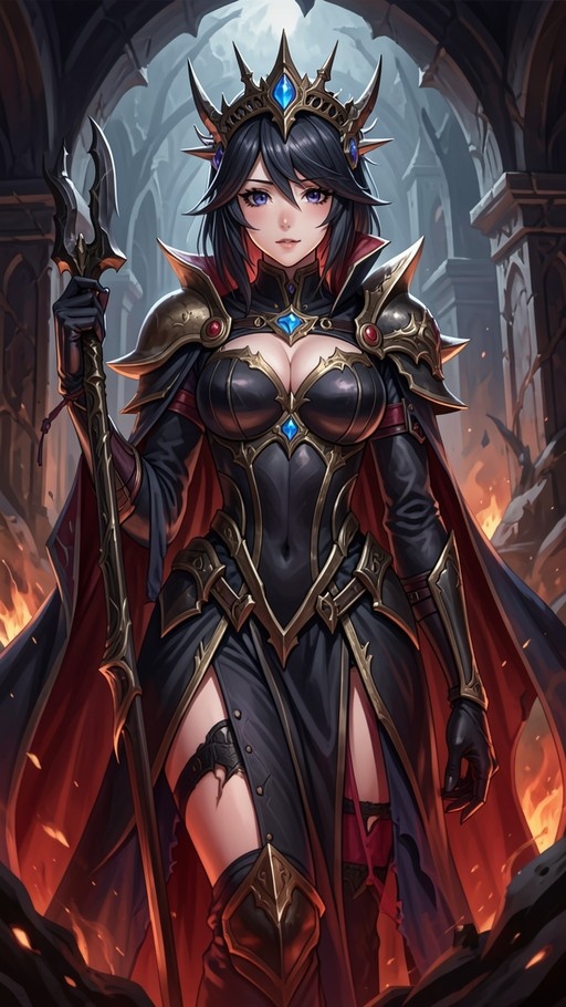 A fantasy queen with black hair and violet eyes stands in burning ruins wearing spiked armor, a crown, and holding a staff.