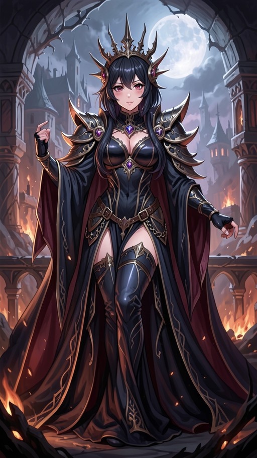 A full-body digital illustration of a female fantasy character with long black hair and red eyes, wearing an ornate black crown and dark armor with gold trim, standing before a burning castle under a large full moon.