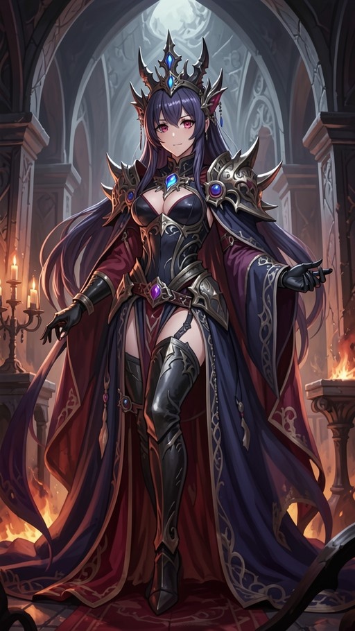 A full-body digital painting of a purple-haired female elf with red eyes standing in a stone hall. She wears ornate black armor with large spiked shoulder guards and blue gems, a crown, thigh-high boots, and a flowing cape.