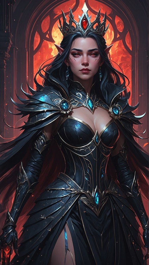 A digital illustration of a dark elf queen with long black hair and pointed ears, wearing an elaborate black armored dress with gold trim and blue gemstones, topped with a spiky crown featuring a red jewel, standing before a glowing orange archway.