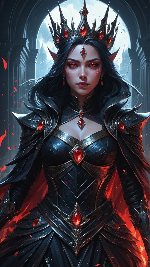 A portrait of a dark elf queen with red eyes and tears, wearing a spiked crown and black armor with red gemstones under moonlight.
