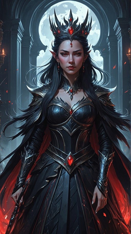 A digital illustration of a dark elf queen with long black hair and red eyes, wearing ornate black armor with red gemstones and a spiked crown. She stands in a castle hall before an arched window showing a full moon.