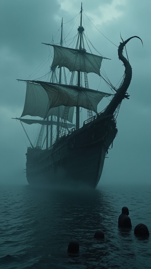 A large sailing ship with tattered sails rises from the fog in a monochromatic blue seascape, while dark silhouettes float in the foreground water.