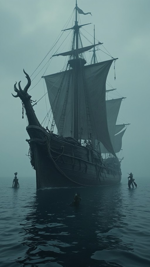A large dark sailing ship with a twisted horned figurehead floats on calm, misty waters while three silhouetted figures stand in the sea around it.