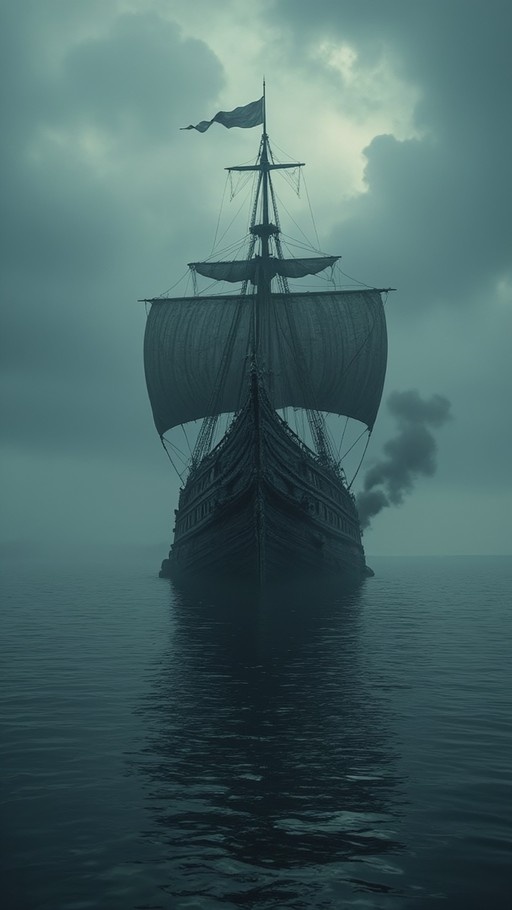 A large dark sailing ship with furled sails moves through calm, reflective waters under a moody, overcast sky, with smoke drifting from its side.