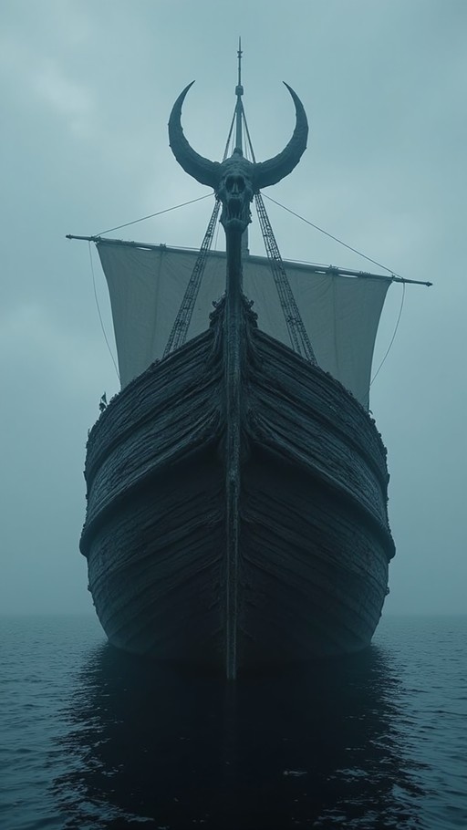 A dark wooden Viking longship featuring a prominent horned skull on its prow, sailing through calm, misty waters under an overcast sky.