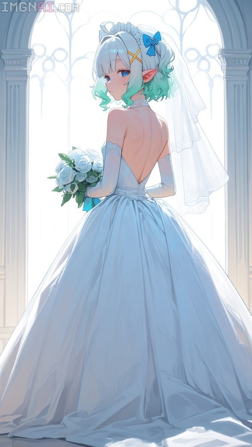 Anime-style girl with short gradient hair and pointed ears wearing a backless wedding dress and holding a bouquet of white roses.