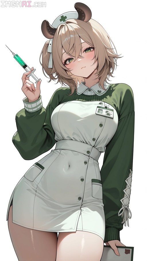 Anime illustration of a horned girl in a nurse uniform holding a syringe.