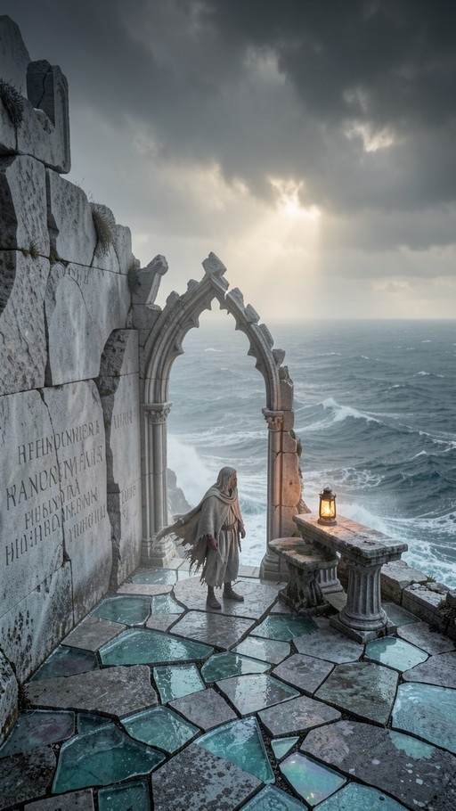 A lone hooded figure stands on a stone terrace paved with glass, gazing through an ancient archway at a rough sea under a cloudy sky.