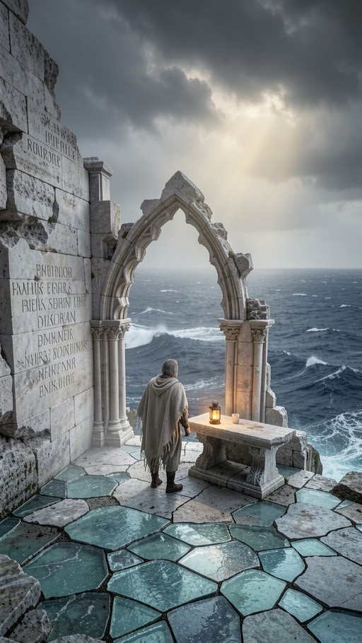 A hooded figure stands in ancient ruins looking out at a stormy ocean through a stone archway with a lantern nearby.
