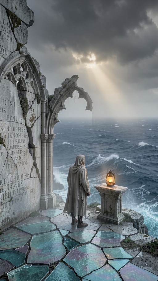 A hooded figure stands on a cracked terrace beside a glowing lantern, looking out at a rough ocean with crashing waves under a cloudy sky with light rays breaking through.