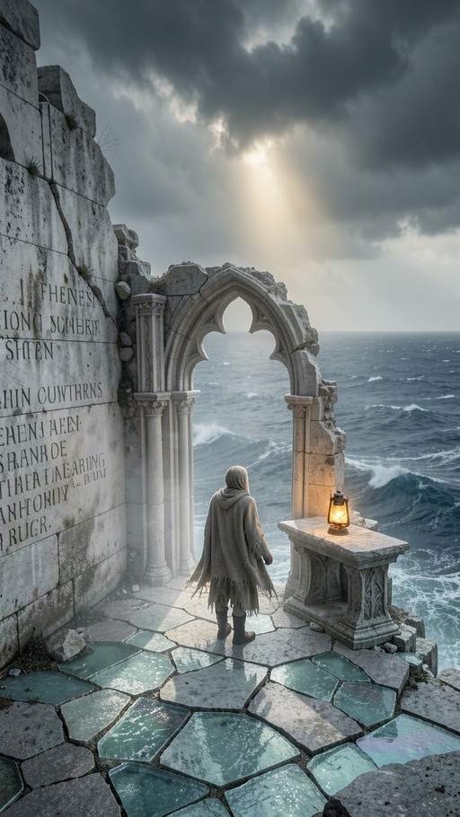 A hooded figure stands in ancient stone ruins facing a gothic archway that frames a turbulent ocean under a dramatic sky, with a glowing lantern on a pedestal nearby.