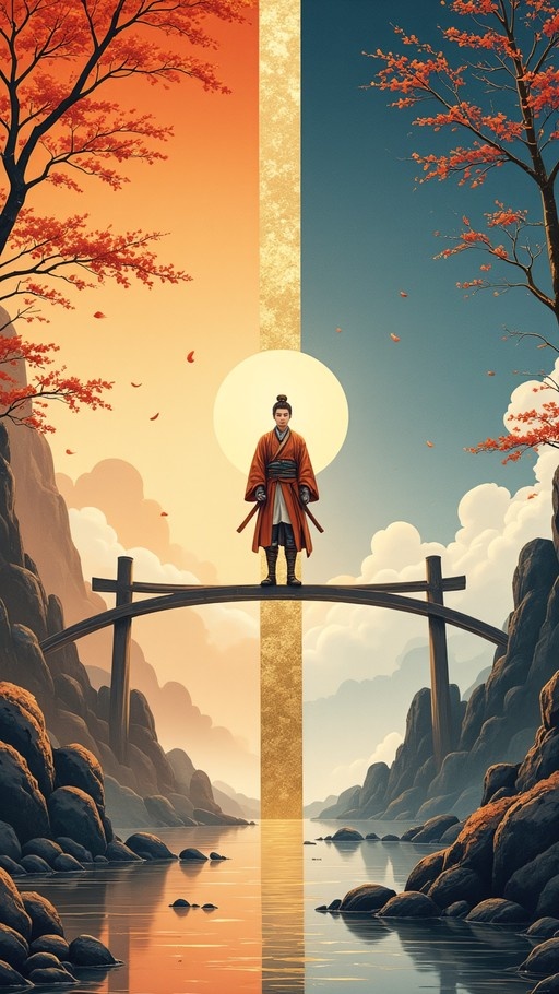 A young man in an orange robe stands on a wooden bridge over a river, with the image split vertically into warm and cool color palettes.
