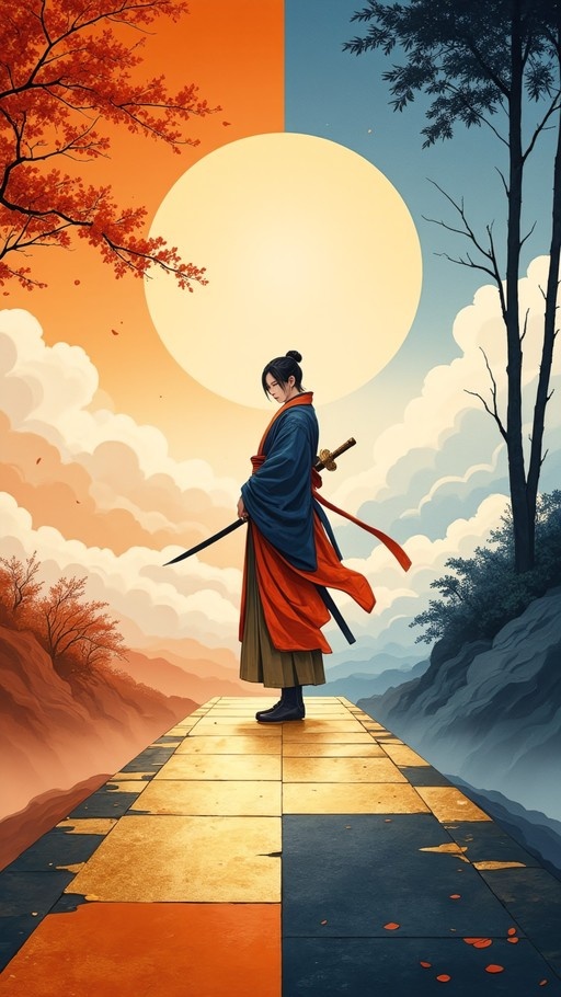A full-body digital illustration of a man in traditional blue and orange robes holding a katana, standing on a tiled path with a split background of orange autumn trees and blue sky beneath a large sun.