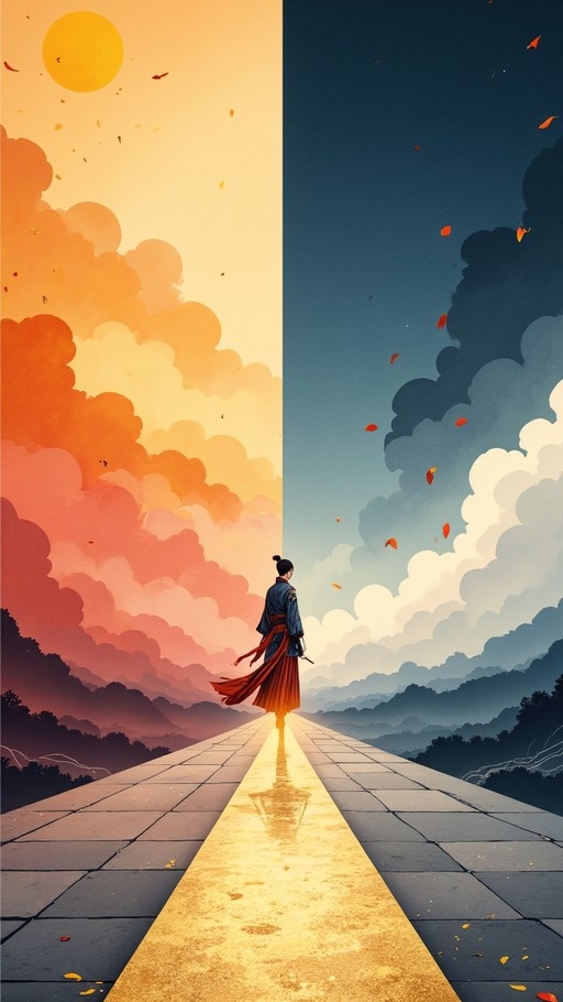 A lone figure in traditional Japanese clothing stands on a stone path facing a split sky of orange sunset and blue clouds.
