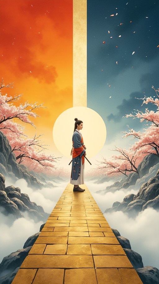 A swordsman in blue hanfu stands on a golden bridge between an orange sunset and blue twilight sky, framed by cherry blossom trees.