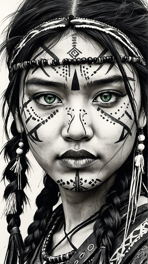 A black and white portrait of a young Native American woman with striking green eyes, wearing tribal face paint and a beaded headband.