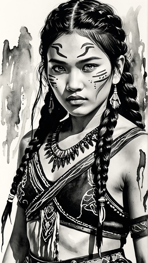 A black and white digital painting of a young woman with long dark braids, wearing tribal face paint, a tooth necklace, and tassel earrings against an abstract ink-wash background.