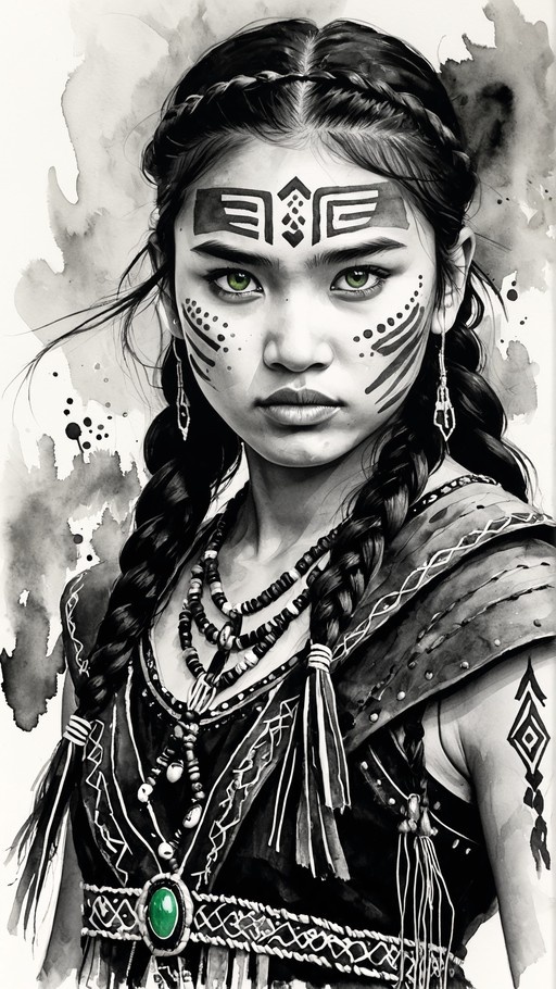 Greyscale portrait of a young woman with tribal face paint, twin braids, and piercing green eyes wearing beaded necklaces.