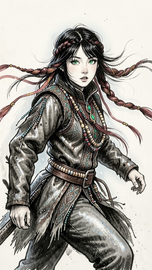 Digital illustration of a female warrior with green eyes and long braided hair wearing a grey tunic with blue patterns and beaded jewelry.