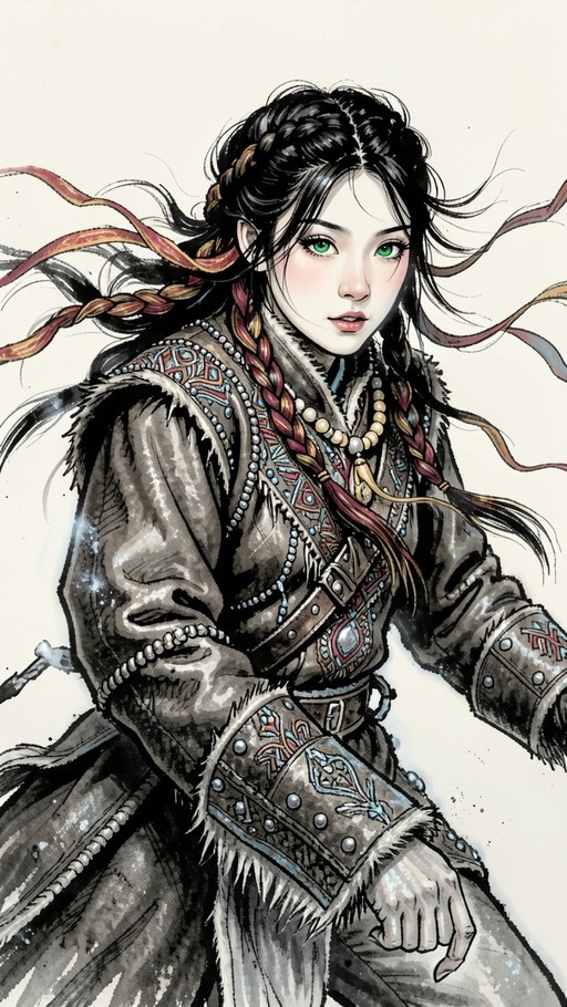Portrait of a fantasy warrior woman with black braided hair and green eyes wearing a fur-trimmed coat