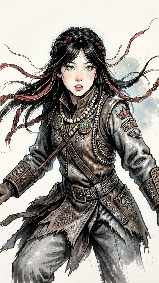 Digital illustration of a green-eyed woman in fantasy attire with braided black hair