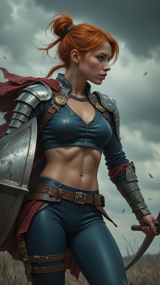 A realistic illustration of an orange-haired woman in blue leather armor holding a shield and sword under a cloudy sky.