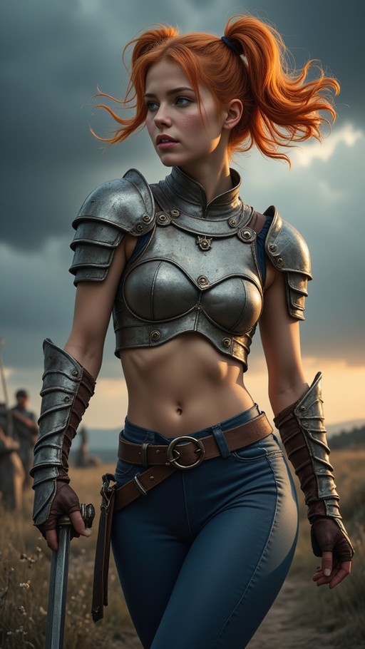 A realistic digital illustration of a young woman with orange pigtails wearing silver chest armor and blue jeans standing in a field holding a sword.