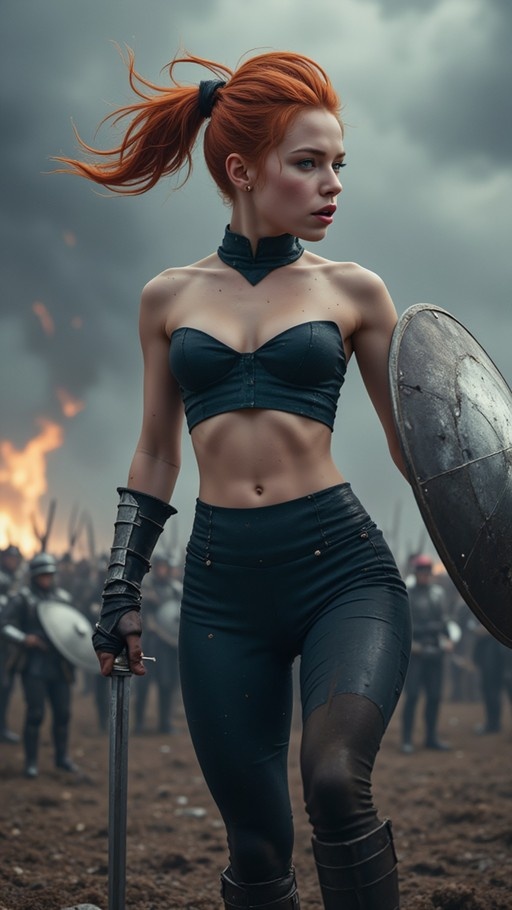 A red-haired female warrior with blue eyes holds a shield and sword on a smoky battlefield.