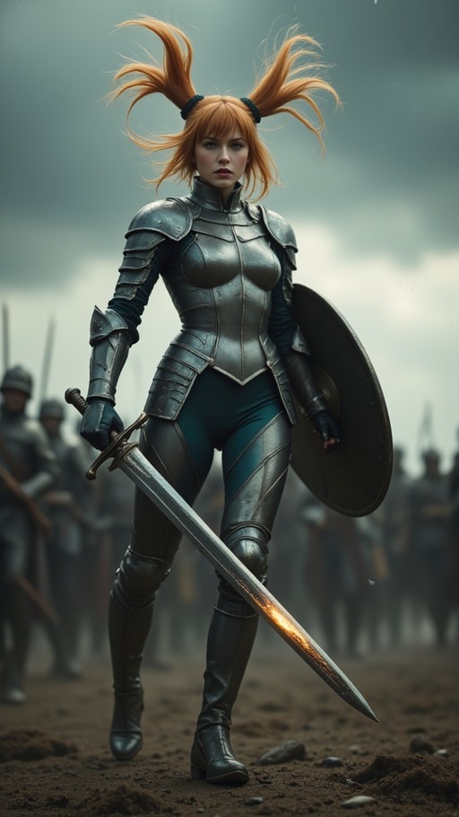 A female knight with orange twintails wearing silver plate armor over teal clothing stands on a battlefield holding a longsword and round shield.