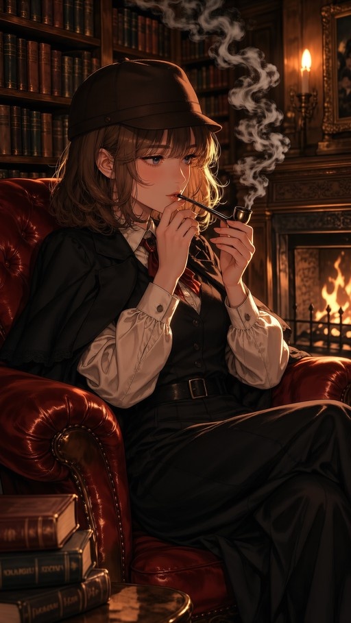 Anime-style young woman wearing a deerstalker hat and formal vest sits in a red leather armchair, holding a smoking pipe with smoke rising, set against a backdrop of bookshelves and a lit fireplace.