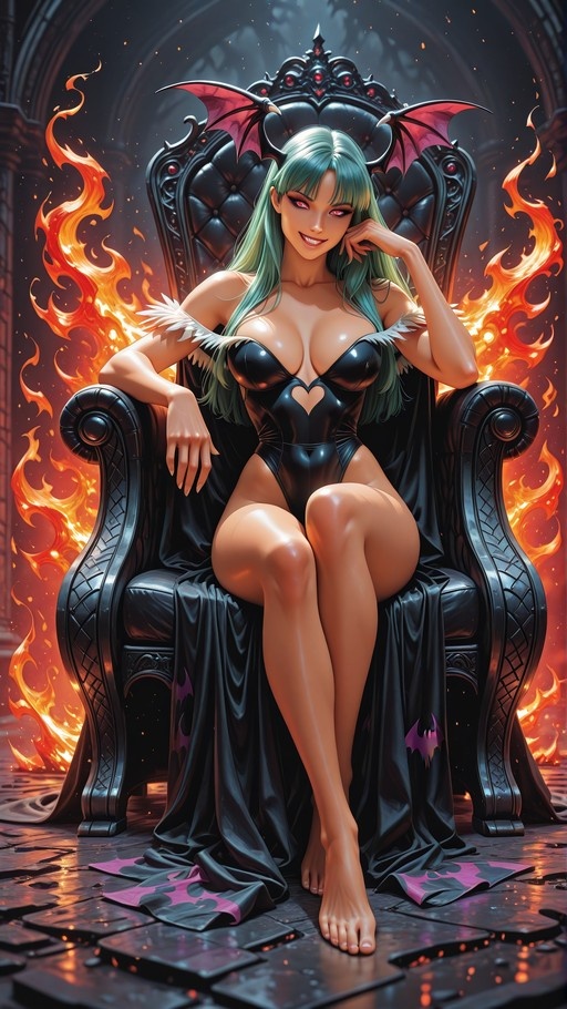 Morrigan Aensland with green hair and bat wings sits on a black throne surrounded by fire.