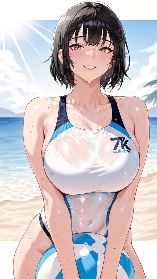 An anime-style illustration of a smiling woman with short black hair wearing a wet white and blue one-piece swimsuit while holding a large blue and white beach ball on a sunny beach.